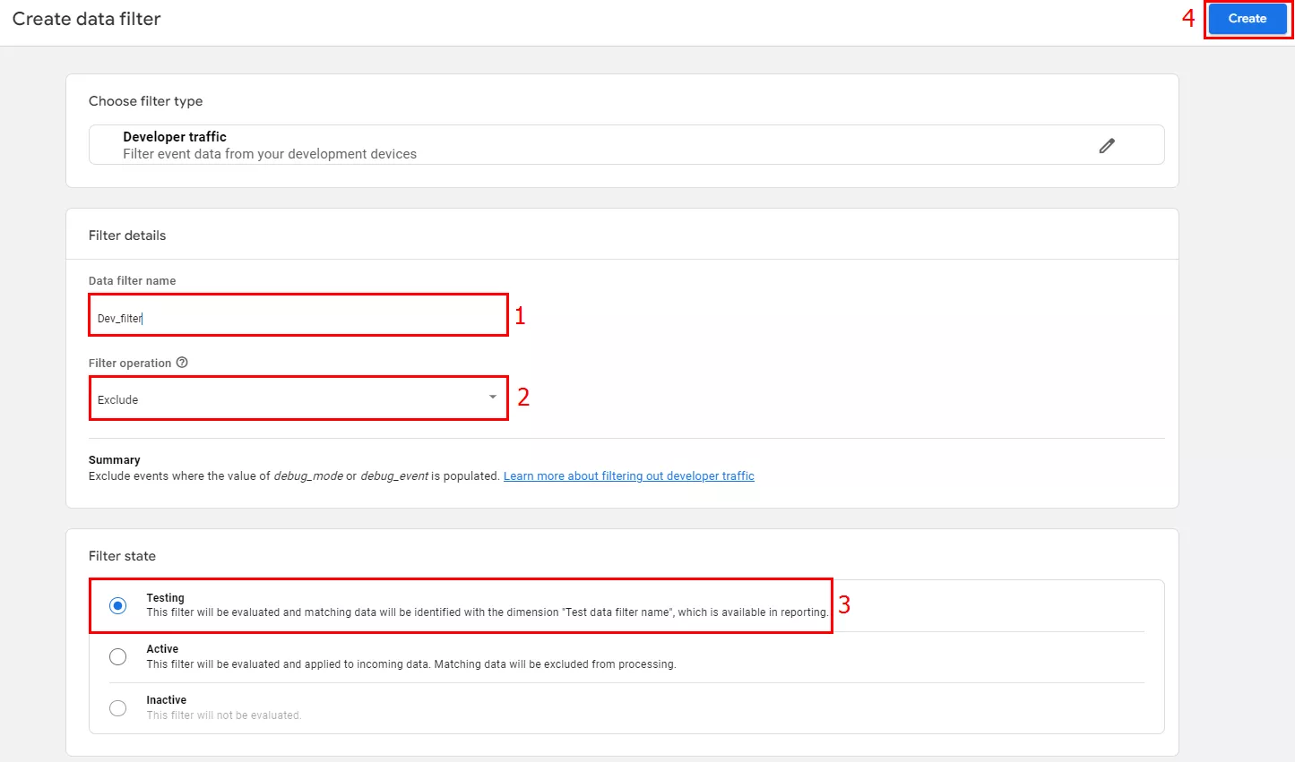 posle-nastrojki-konfiguracii-kliknite-sozdat-4png Фильтры в Google Analytics 4: как их настроить? 27